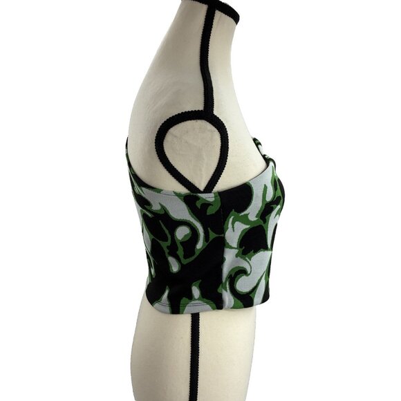 Zara Womens Size L One Shoulder Top Green Black Abstract Print Long Sleeve - Picture 3 of 6